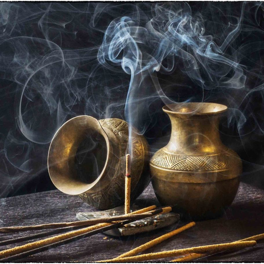 Spiritualität Bronzene Gefäße mit Rauch und Räucherstäbchen auf einem dunklen Hintergrund.
